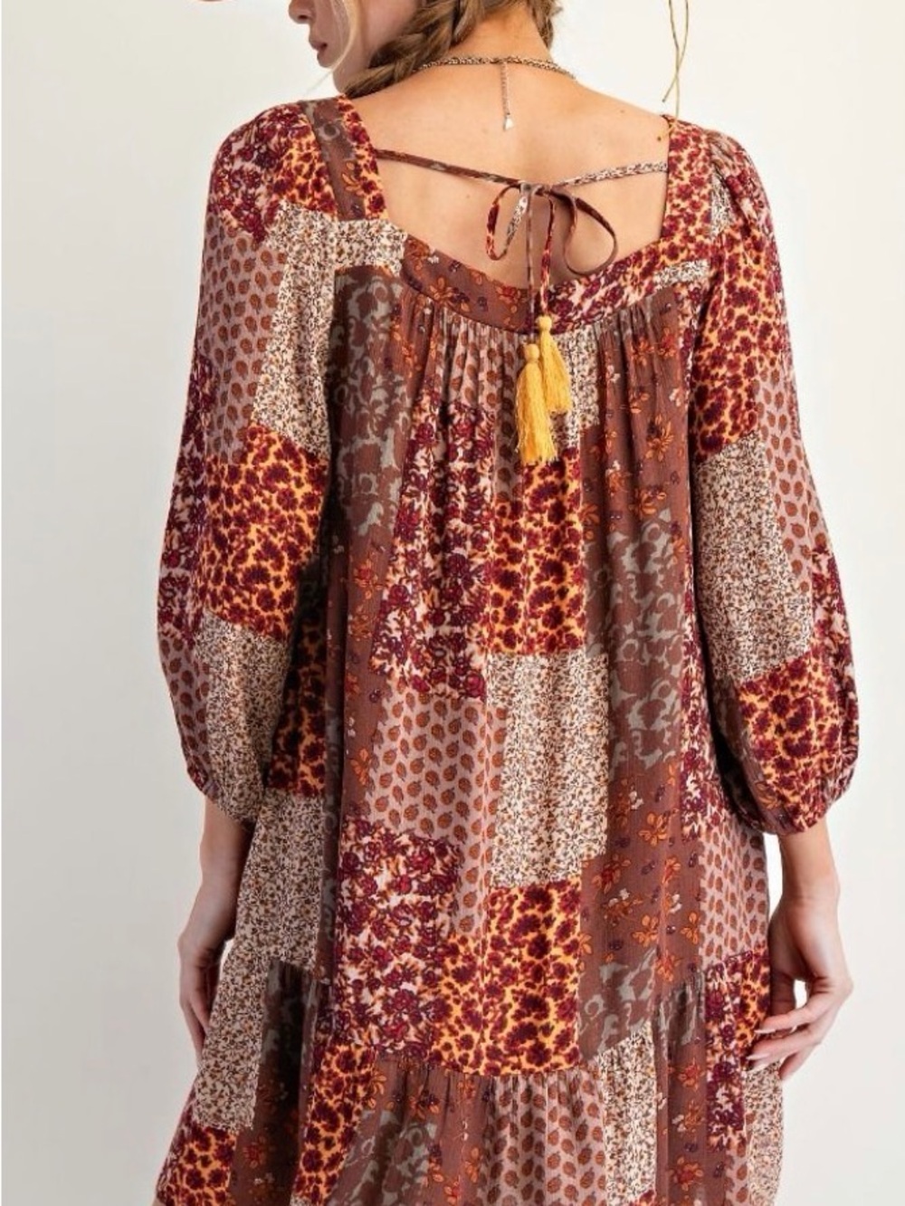Easel Los Angeles Patchwork Boho Long Sleeve Dress NWT - Picture 2 of 6
